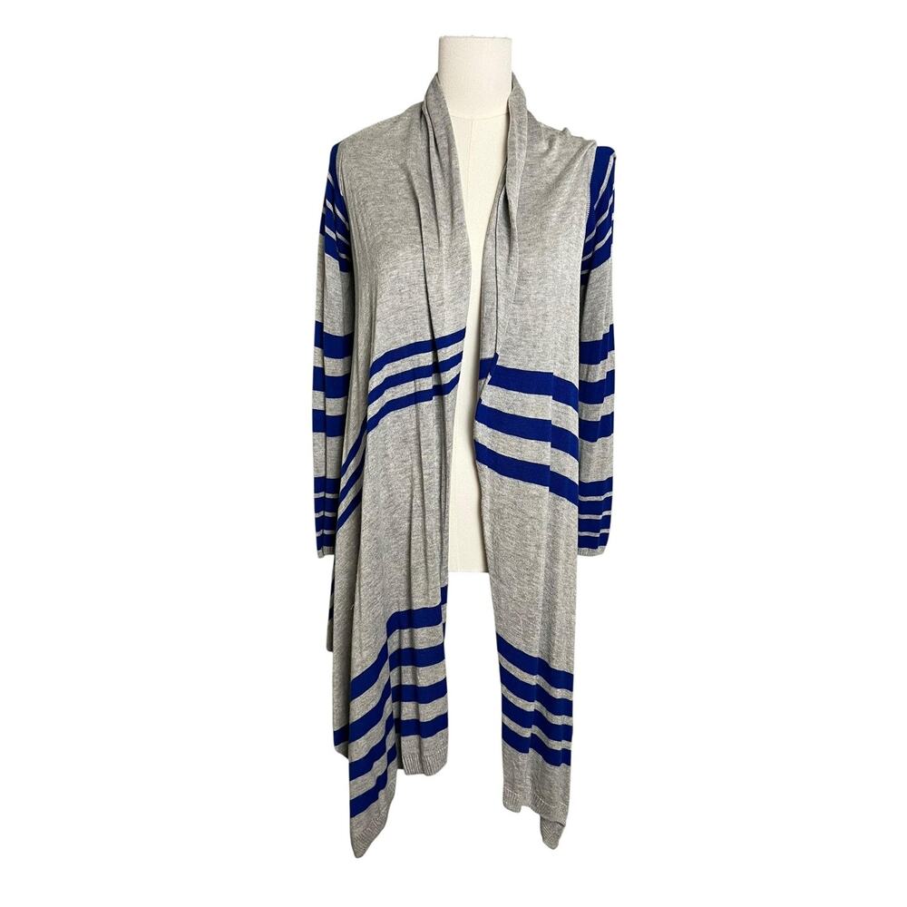 Renee C. Cardigan Sweater Womens S/M Gray Blue Stripe Open Front Knit Cozy